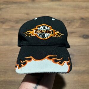 Y2K‎ Motor Choppers Cycles Black Flame Embroidered Hat Mens OSFM Adjustable Cap